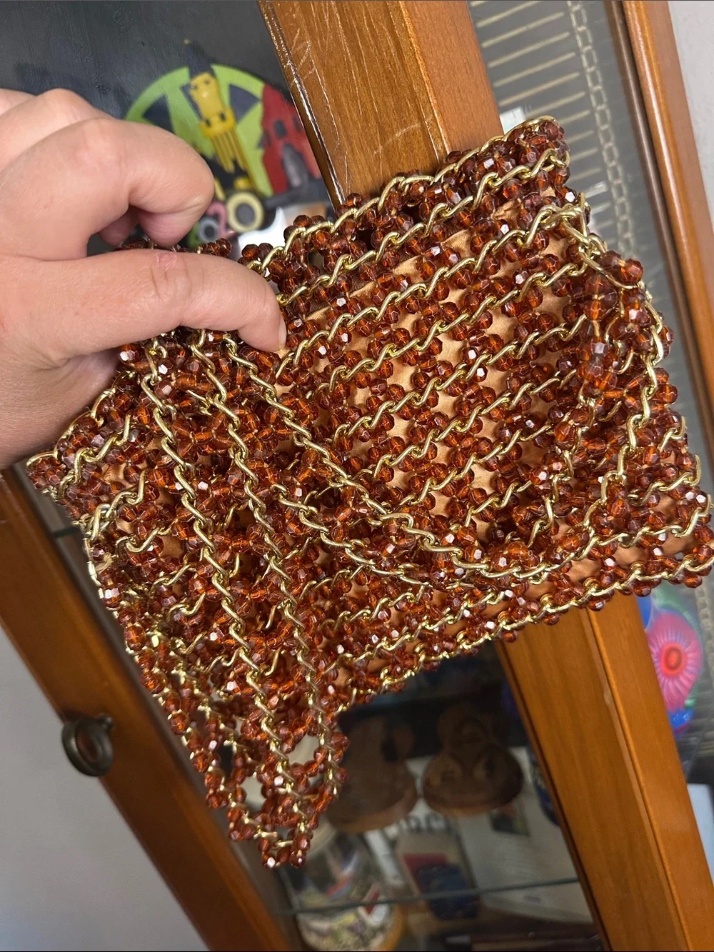 Beaded Chain Detail Women's Clutch Bag - Amber
